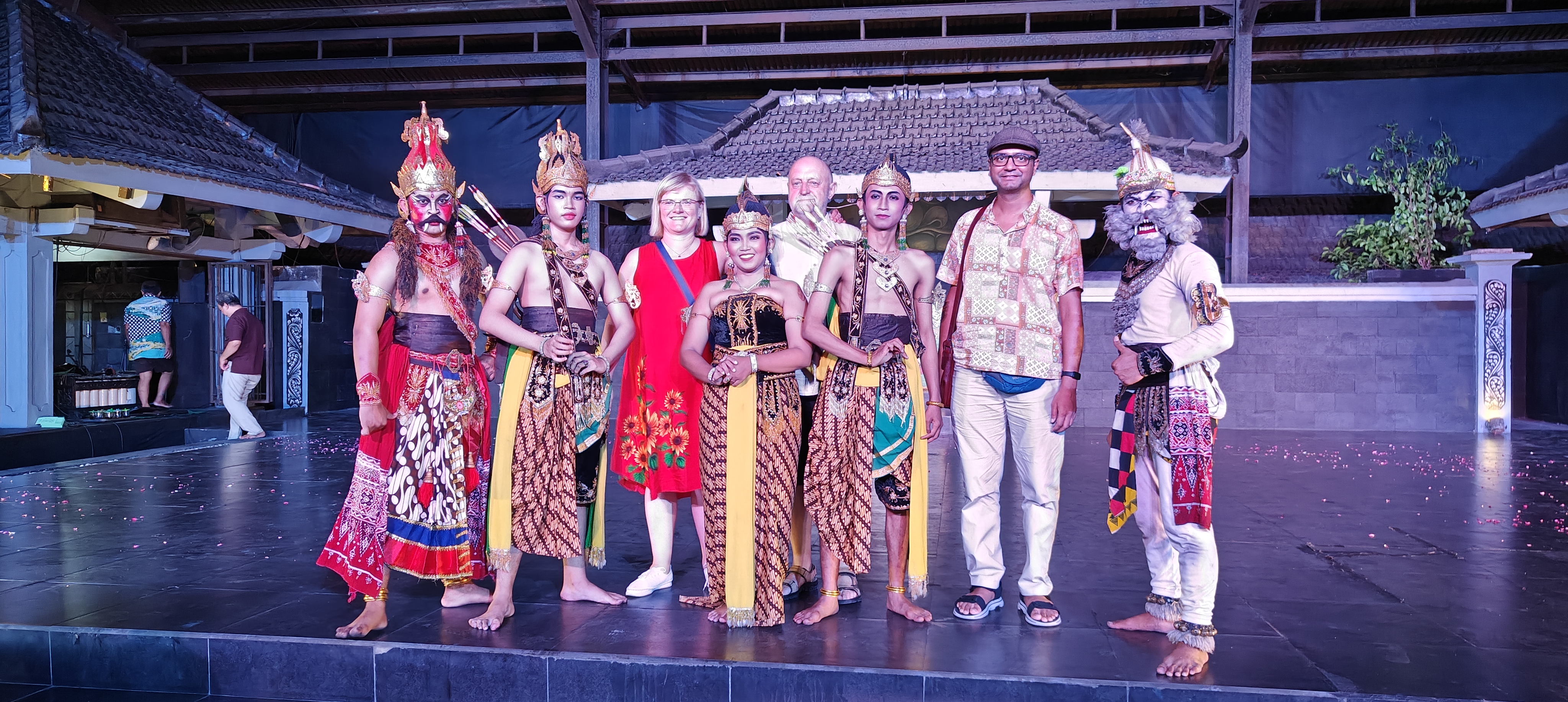 Ramayana Ballet cast and crew (and one member of the audience!). Hanuman is a funny, adorable white monkey in Indonesia.